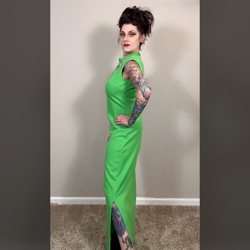 60s Bright Green Maxi Sheath Column Dress Rhinestone MCM Mod Rockabilly Pinup M - Picture 5 of 15